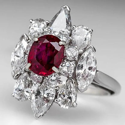 Luxury Noble Silver Plated 4 Prong Oval Cut Ruby Inlay Irregular White Sapphire Ring for Women Engagement Party Wedding Jewelry