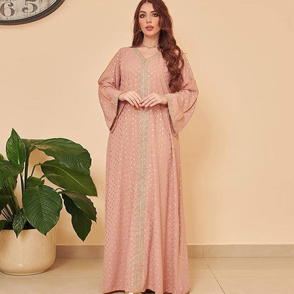 Women'S Muslim Abaya Dress V Neck Bronzing Long Sleeves Elegant Prayer Wear Daily Casual Dress