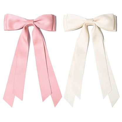 2PCS Silky Satin Hair Bows Hair Clip Beige Pink Hair Ribbon Ponytail Holder Accessories Slides Metal Clips Hair Bow for Women Girls Toddlers Teens Kids