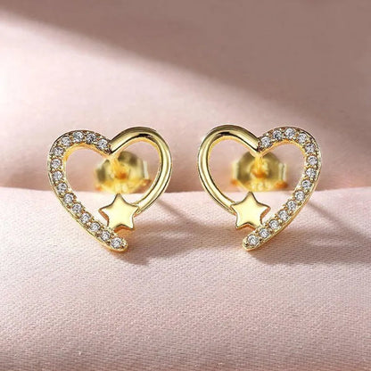 14K  Gold Love Heart Star White Zircon Stud Earrings for Women Wedding Engagement Bride Jewelry Gift