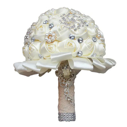 20CM Mixed Color Silk Ribbon Rose Wedding Flower Bouquet Luxury Pearl Crystal Brooch Bridal Bouquet Handmade Creative Bridesmaid Holding Flowers