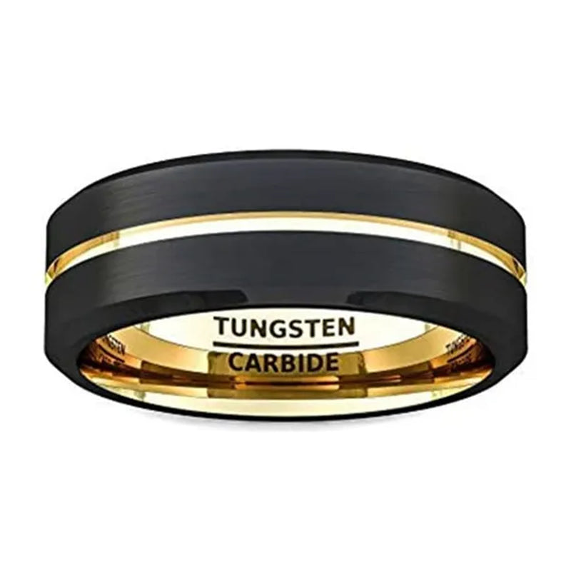 Fashion 8mm Black Tungsten Carbide Ring Gold Groove Matte Brushed Surface Beveled Edge Mens Wedding Band Comfort Fit
