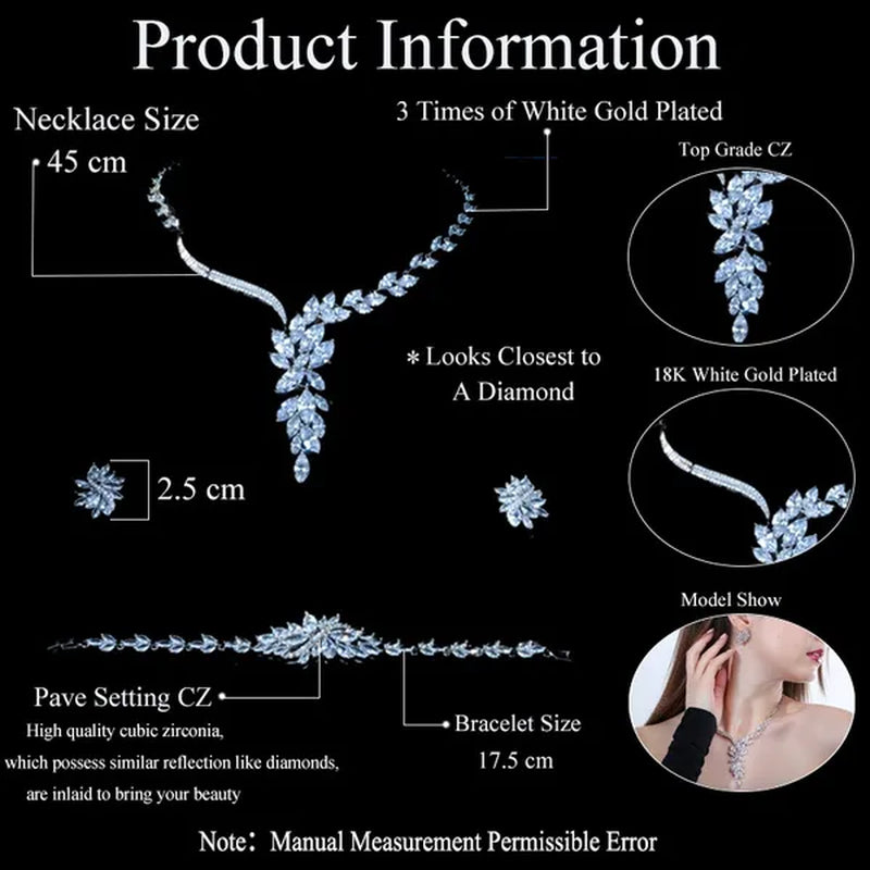 Gloriya Dazzling AAA CZ Bridal Jewelry Set for Classy Bride White Gold Plated Engagement Party Big Leaf Drop Dangle Necklace Earrings Bracelet