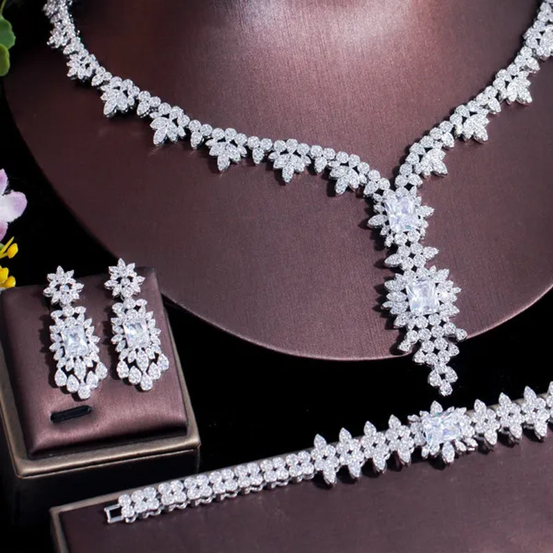 CANDICE High Quality White Gold Plated AAA CZ Women Long Pendant Necklace Earrings Ring Bracelet 4pcs Jewelry Set for Deep V Wedding Party Dress Accessories