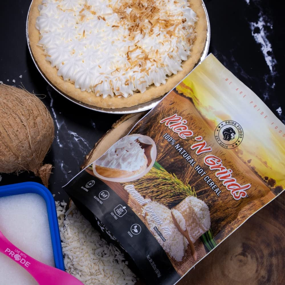 Pride Foods Rice 'N Grinds Hot Cereal - Gluten-Free, Non-Gmo, Vegan-Friendly, Natural Rice Breakfast, Quick & Easy Hot Meal, Low-Fat Comfort Food, 30 Servings, Coconut Cream Pie