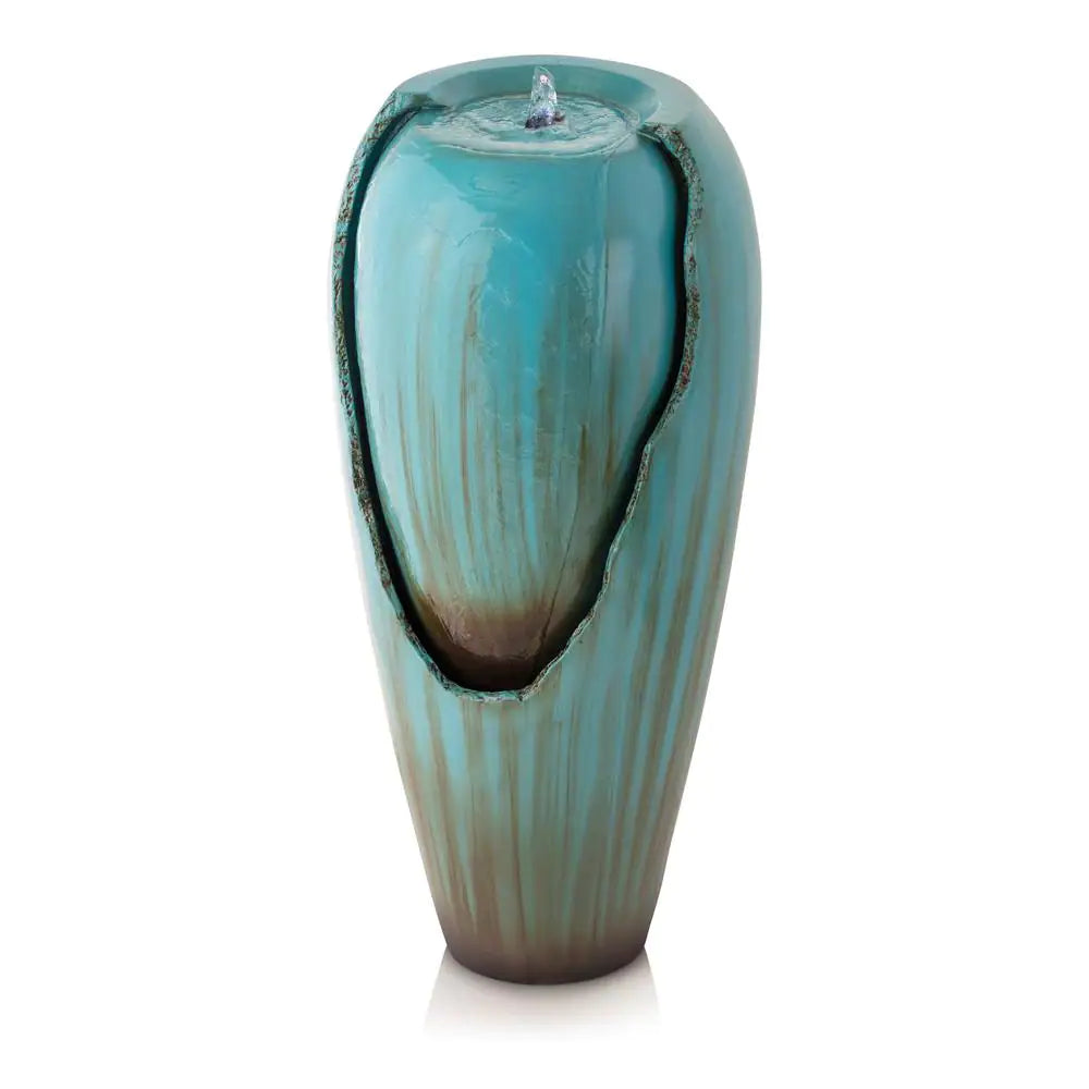 33 In. Tall Water Jar Fountain with LED Light, Turquoise
