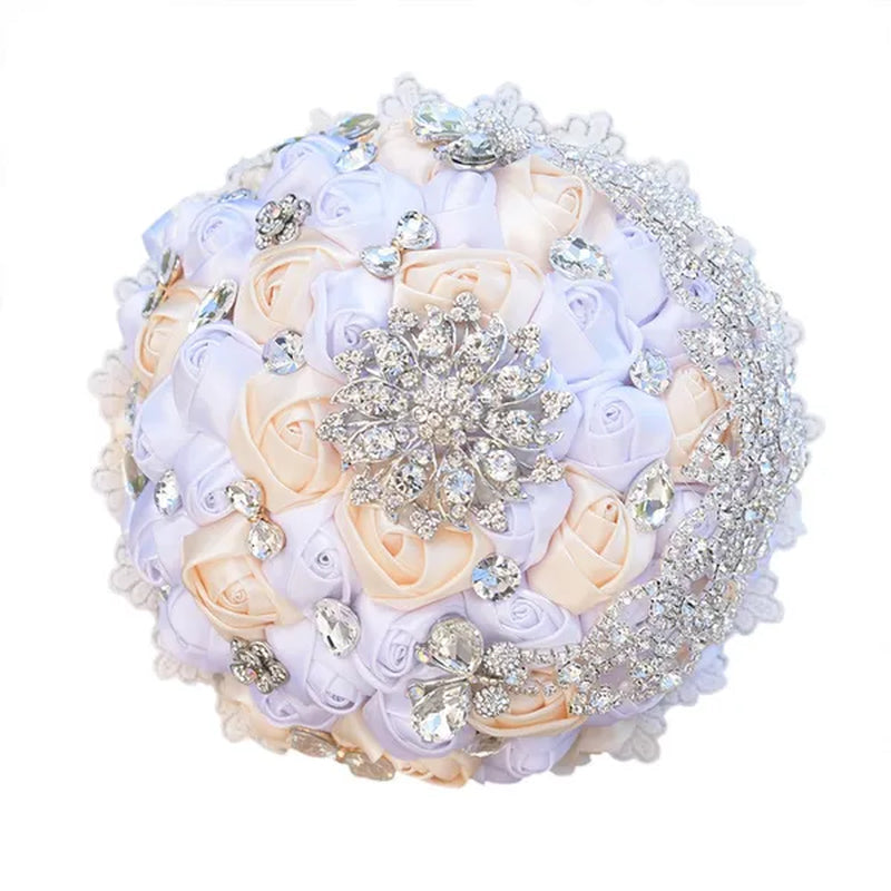18CM Luxury Crystal Brooch Bride Bouquet Holding Flower Ribbon Lace Wedding Bouquet Artificial Simulation Rose Wedding Flower Bridesmaid Bouquet