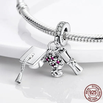Graduation Flower Diploma Charm 925 Silver Pendant Beads fit  Bracelet Necklace Original DIY Women jewelry Gift