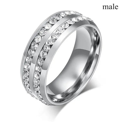 2020 Romantic Couple Jewelry Men's 316 Stainless Steel Double Row Zircon Ring And Ladies Heart Ring Set Couple Ring Bride Wedding Engagement Jewelry(Include: man ring or woman ring)
