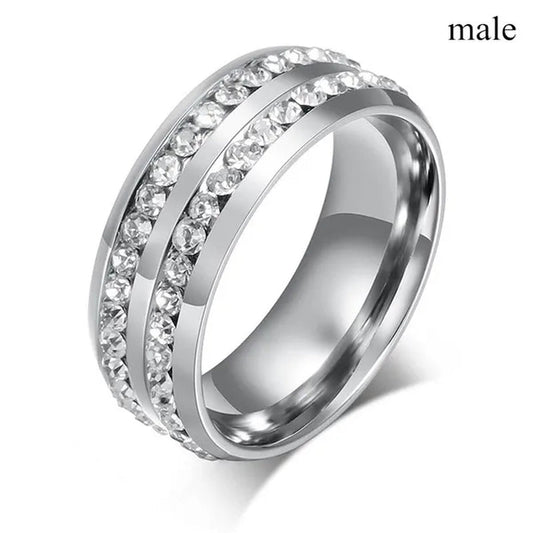 2020 Romantic Couple Jewelry Men's 316 Stainless Steel Double Row Zircon Ring And Ladies Heart Ring Set Couple Ring Bride Wedding Engagement Jewelry(Include: man ring or woman ring)
