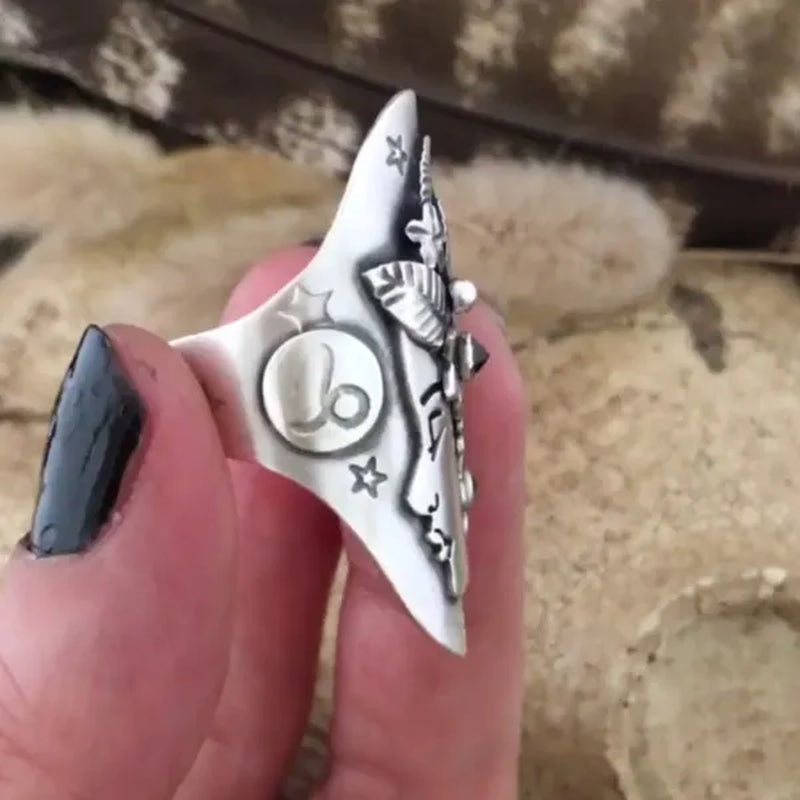 Vintage 925 Serling Silver Goddess Side Face Star Ruby Women'S Ring