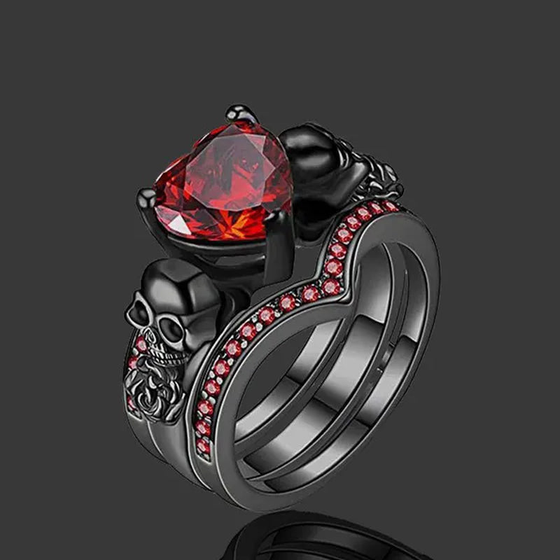 Gothic Black Rose Flower Skull Engagement Rings Set Red Purple Heart-shaped Zircon Crystal Wedding Anniversary Holiday Gift Jewelry Halloween Gifts