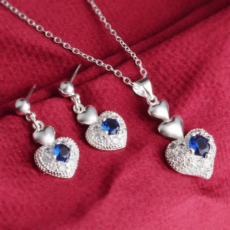 925 Sterling Silver Heart Blue Zircon Crystal Pendant Necklace Earrings for Women Party Wedding Jewelry Set