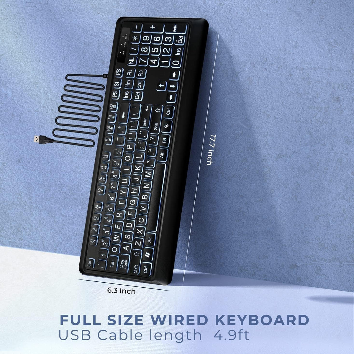 Large Print Backlit Keyboard, Quiet USB Wired Computer Keyboard, Full Size Keyboard with White Illuminated LED Compatible for Windows Desktop, Laptop, PC, Gaming, Black
