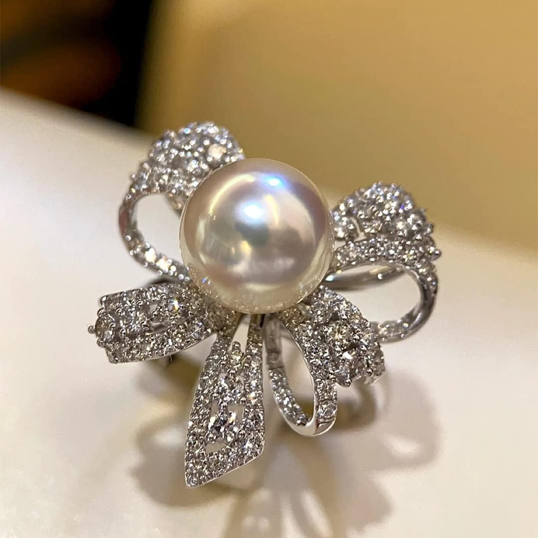 Elegant Bow Knot Pearl Rings for Women Rhinestone CZ Crystal Butterfly Tie Open Statement Ring Promise Engagement Rings Anniversary Wedding Band Jewelry