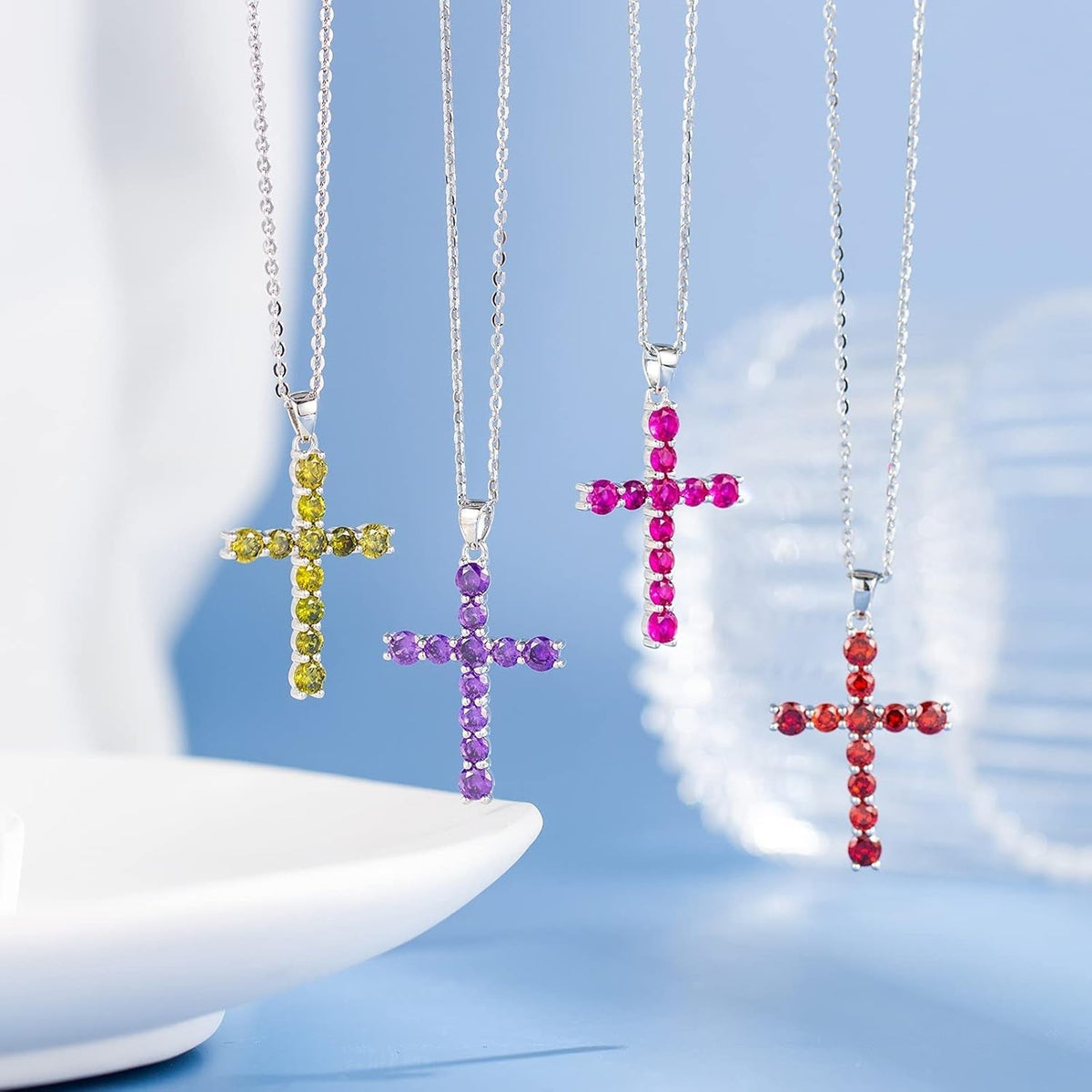 Gemstone Cross Necklace 925 Sterling Silver Created Birthstone Cross Prong Pendant Necklace Faithful Gift Ideas Fine Jewelry for Her Girlfriend Women Girls, 16" + 2" Extender