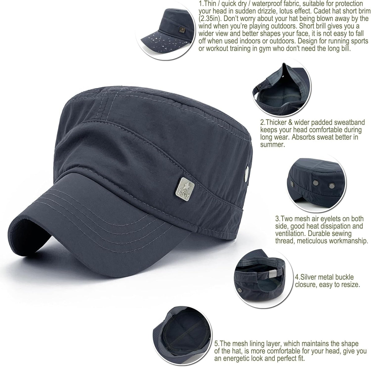 Polyester Water Resistant Military Caps for Men Quick Dry Cadet Hats for Women Army Cap Flat Top Dad Hat
