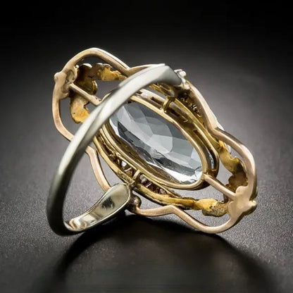 Vintage Noble Environmental Gold Plated Flower Hollow Oval Cut Sea Blue Gemstone CZ Ring for Women Unique Wedding Engagement Jewelry Gift