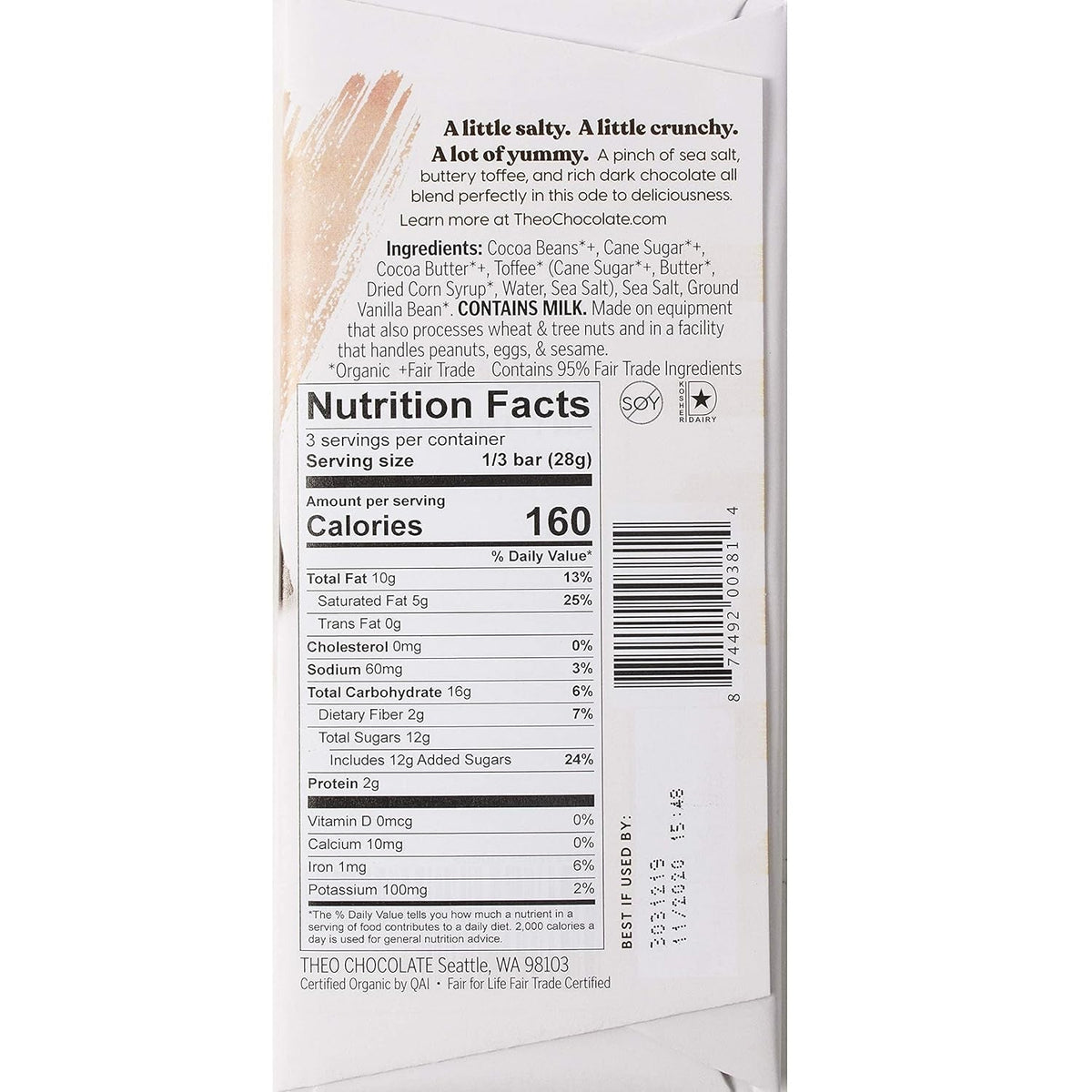 Salted Toffee Organic Dark Chocolate Bar, 55% Cacao, 1 Bar | Fair Trade