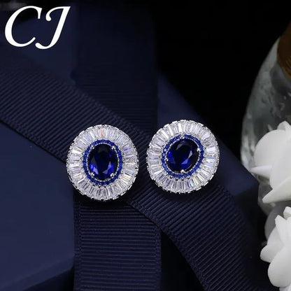 CANDICE Classic Round Blue CZ Stone Party Jewelry Sets For Women Elegant Blue Cubic Zirconia Stud Earrings And Necklace 2 Piece Set