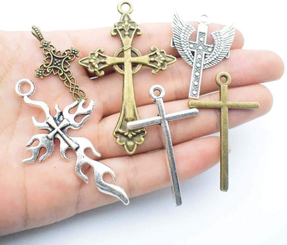 100G Big Cross Pendants Collection - Antique Bronze Silver Sword Holy Angel Jesus Peace Cross Crucifix Metal Charms for Jewelry Making DIY Findings (HM23)