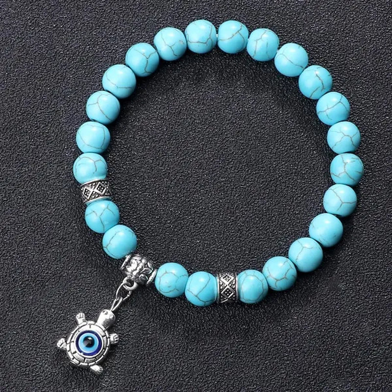 Turkey Evil Eye Beaded Bracelets Butterfly Buddhist Palm Hand Owl Turtle Alloy Pendant Bracelet Women Men Lucky Stretch Bangles Jewelry
