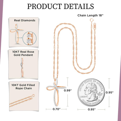 Cross Necklace Pendant with Natural White round Diamonds in 10K Rose, White or Yellow Gold, 18 Inch Rope Chain