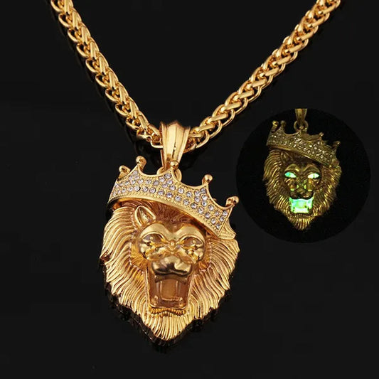 Titanium Steel Diamond Crown Lion Head Necklace Hip Hop Luminous Necklace Men's Gold-plated Punk Party Pendant Necklace