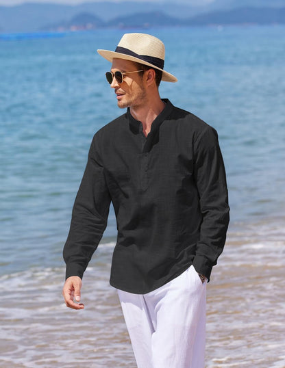 Men'S Cotton Linen Henley T-Shirts Long Sleeve Hippie Casual Beach T-Shirts