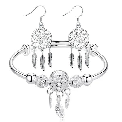 NEW 925 Sterling Silver Dreamcatcher Tassel Feather Round Bead Charm Bracelet & Bangle Earrings for Women Elegant Jewelry Set Gifts