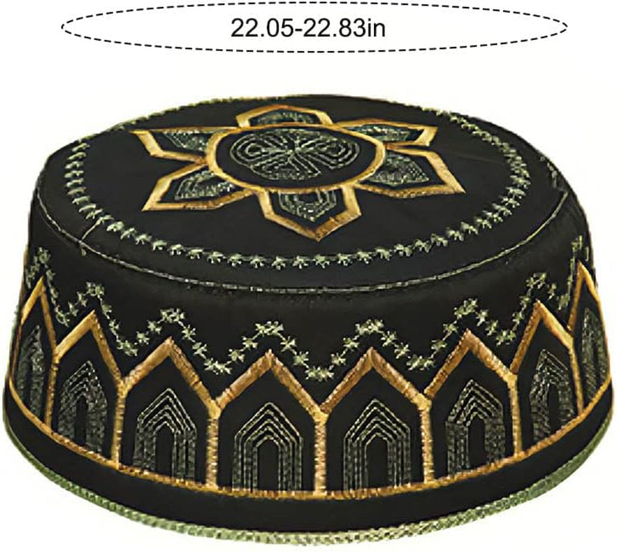 Men Muslim Prayer Kufi Hat, Islam Skull Embroidery Cap Beanie Hat Prayer Headwear Ramadan Eid Gift(Green Black)