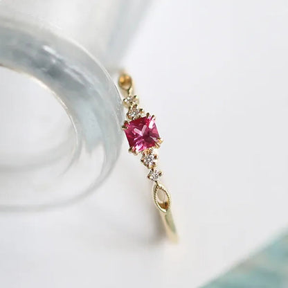 Women Dainty 18k gold plated plated  Quadrate Red Rubine Gemstone Diamond Rings Wedding Engagement Courtship Ring Jewelry