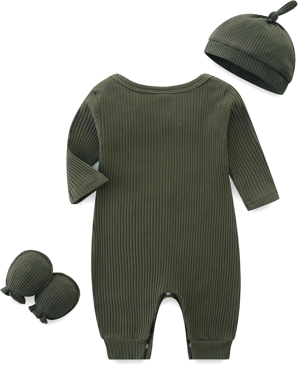 Unisex Newborn Baby Onesie Ribbed Romper Infant Long Sleeve Jumpsuit Hat and Gloves