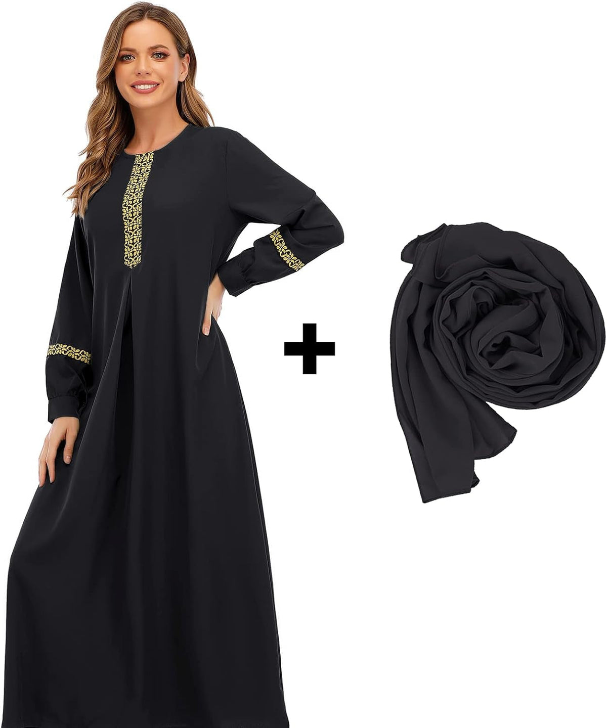 Womens Long Sleeve Ethnic Style Zipper Muslim Dresses Abaya with Hijabs