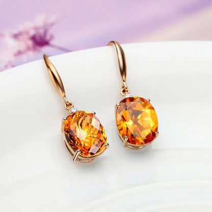 4pcs/set Luxury Yellow Crystal Water Droplets Pendant Necklace Gemstone Dangle Hook Earrings Citrine Claw Setting Open Adjustable Ring for Women Gifs Jewelry Set Accessories