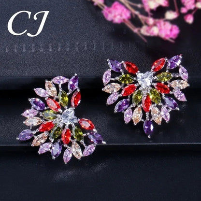 CANDICE New Fashion Women Heart Pendant Jewelry Set Pave Purple Red Green Marquise Cubic Zirconia Party Chain Necklace Big Stud Earrings Sets for Girls Gift
