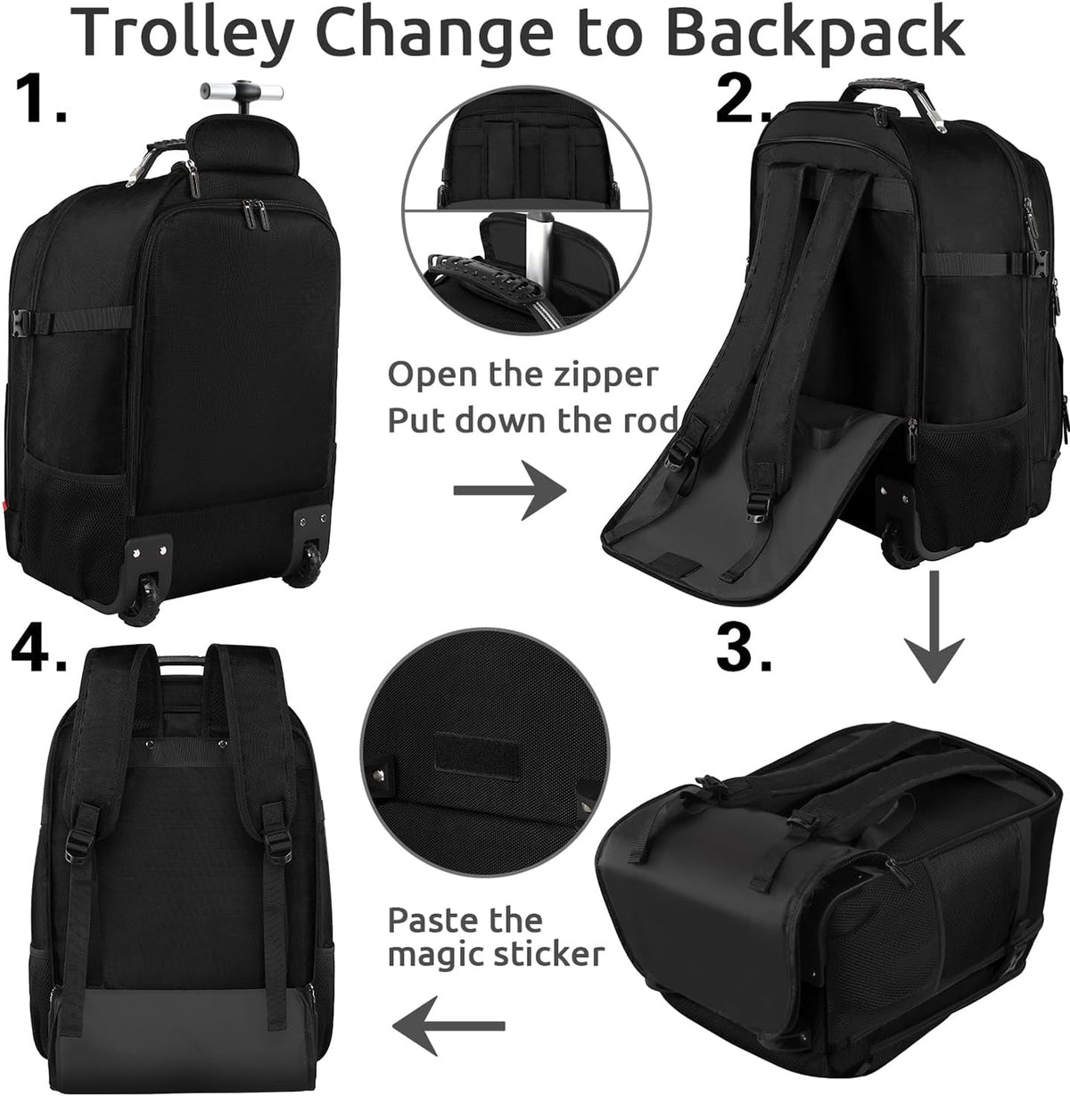 Rolling Backpack, Travel Backpack with Wheels, Carry on Backpacks with 3 Packing Cubes, 17.3 Inch Wheeled Laptop Backpack for Men Women Adults to Travel Work Business Black