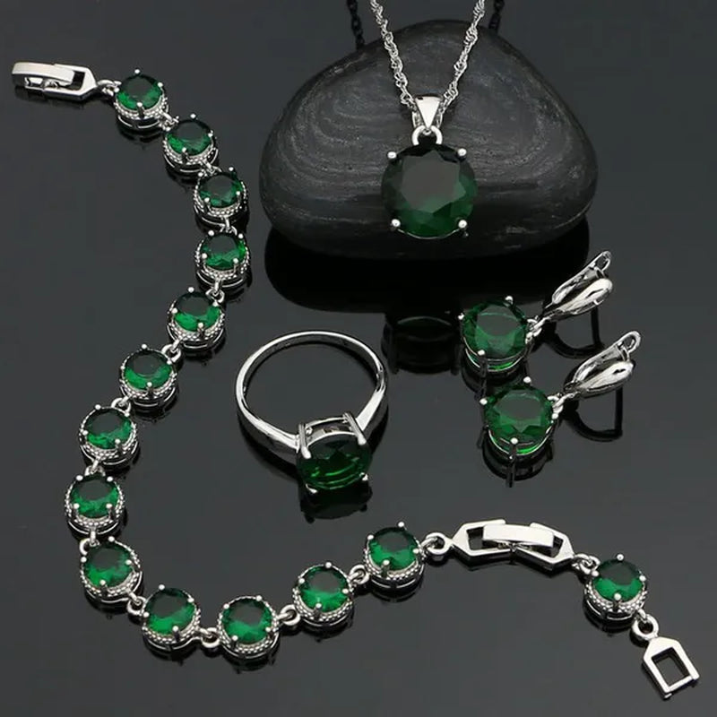 925 Sterling Silver Bridal Jewelry Sets Green Emerald Drop Earrings Ring Pendant Necklace Bracelet 4Pcs Birthday Gift for Women