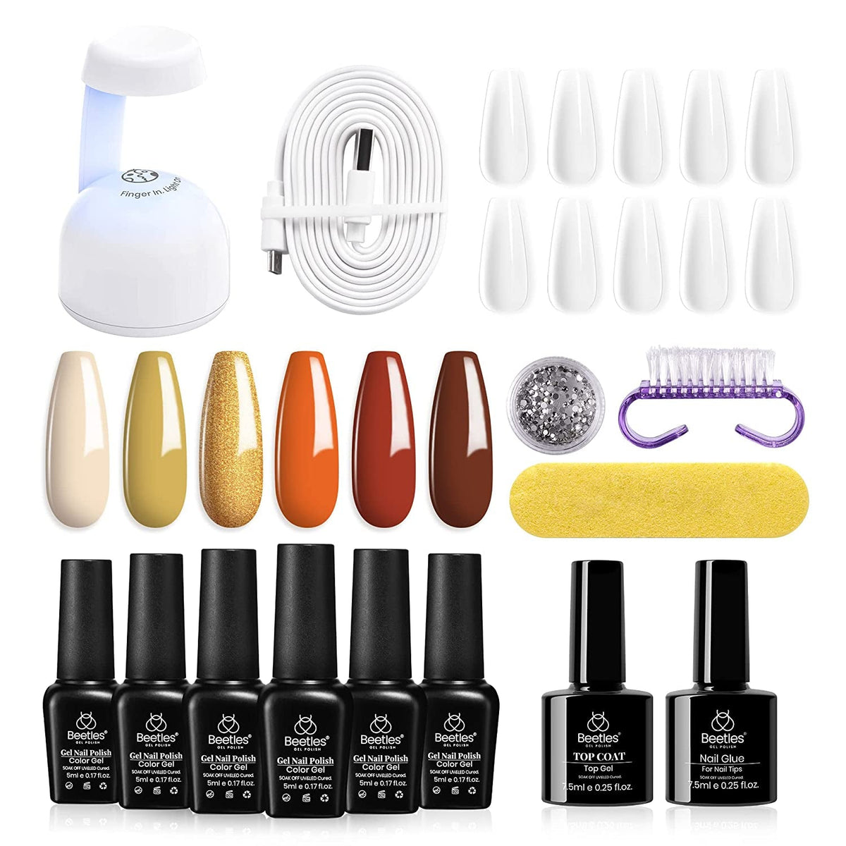 Beetles Gel Nail Polish Kit with 48W light 18 Pcs Gel Starter Kit,6 colors Nude Pink French White Glitter Gel Polish Soak Off Base Top Coat Gel Art Manicure Kit