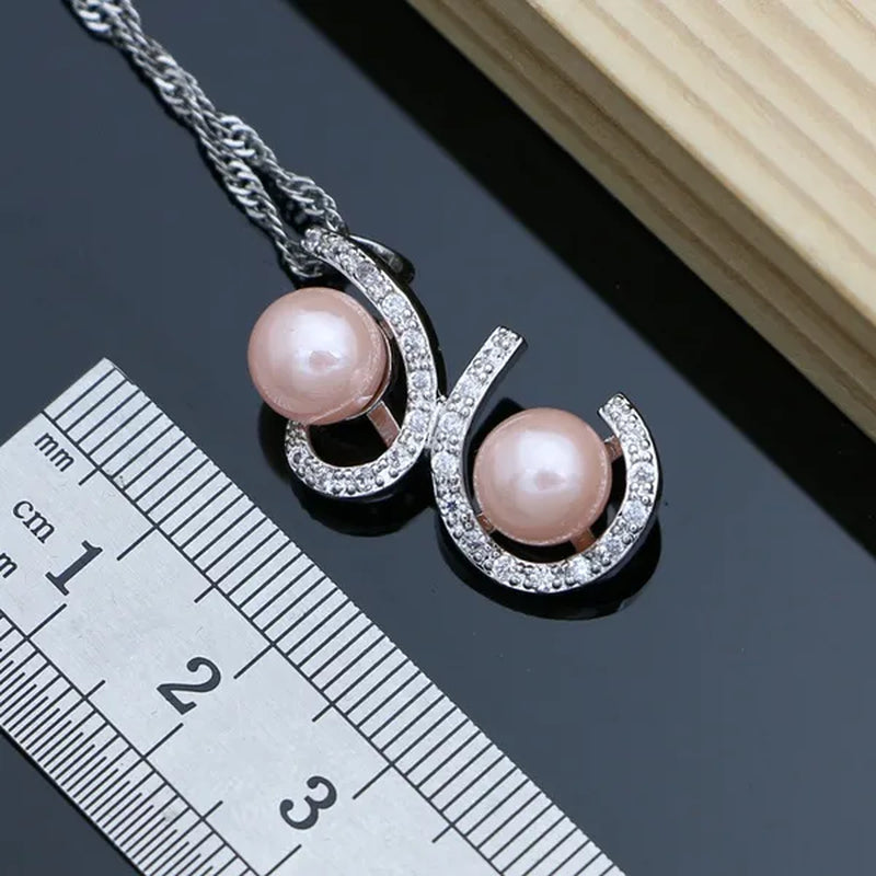 Luxury Silver 925 Jewelry Sets for Women Shiny Pink Pearl Bracelet Topaz Earrings Ring Necklace Sets Gift for Her Dropshipping