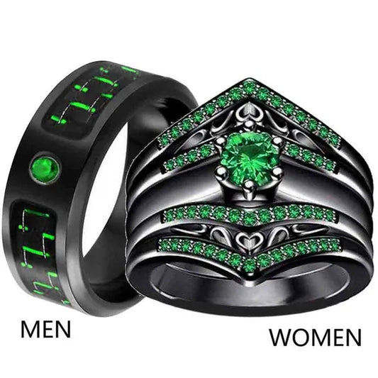 Sz6-12 Couple Rings Green Fiber Cz Titanium Steel Mens Wedding Bands Black Gold Filled Emerald Womens Wedding Ring Sets
