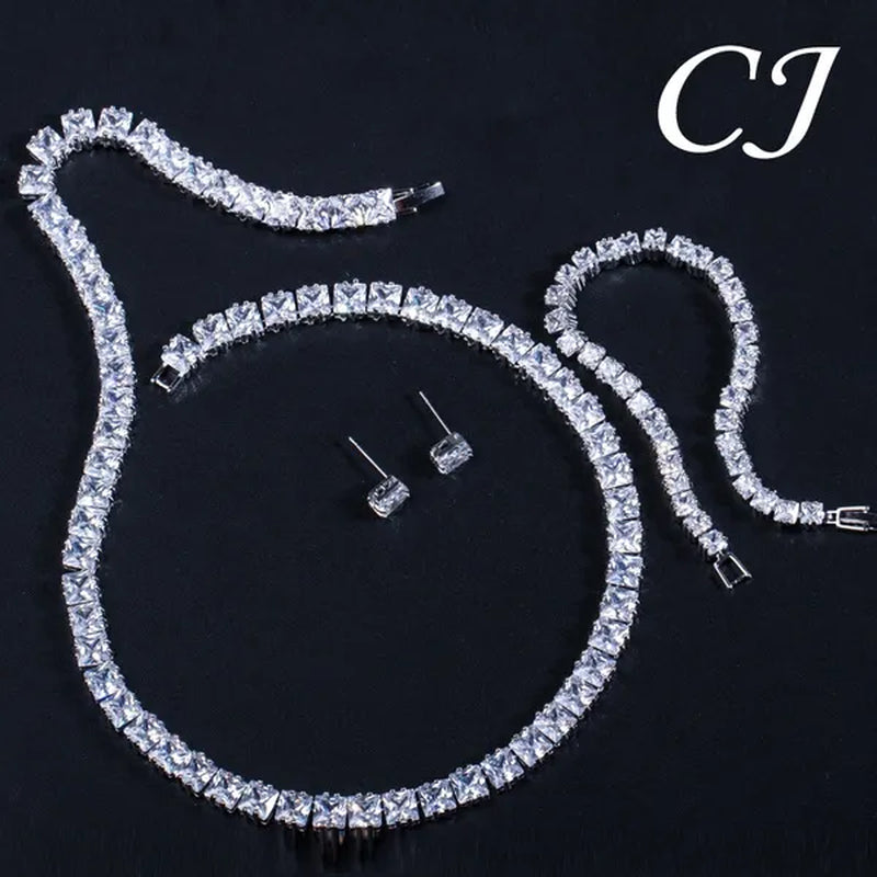 CANDICE Platinum Plating Elegant Party Jewelry Set Pave Glittering Princess Cut Pure Zirconia Choker Necklace Earrings and Bracelet for Women Wedding Gift