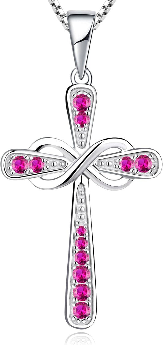 Women'S Cross Necklace 925 Sterling Silver Infinity Pendant Birthstone Criss Jewelry
