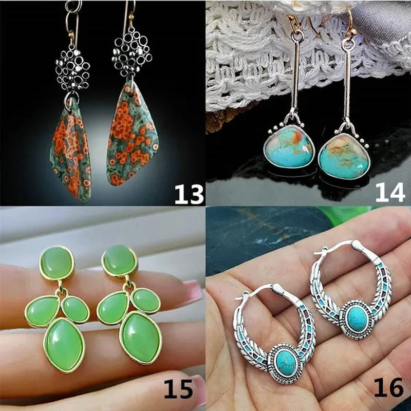 1 pair Antique 925 Sterling Silver Pendant Earrings Natural Gemstone Inlay Dangle Earrings Bridal Engagement Wedding Anniversary Gift  Bohemian Style Earrings