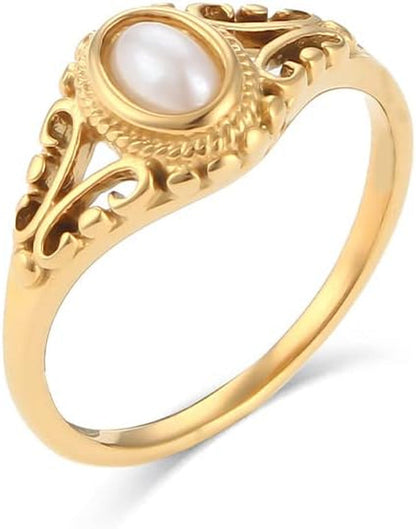 Vintage Freshwater Pearl Rings Stainless Steel Gold Plated Flower Pattern Jewelry for Women