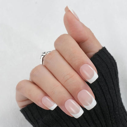 White Press on Nails Short,  Square Solid Color Fake Nails with Glue, Reusable & Natural Acrylic False Nails Stick on Nails for Women Girls Gift, Gel Nail Kit, 24pcs
