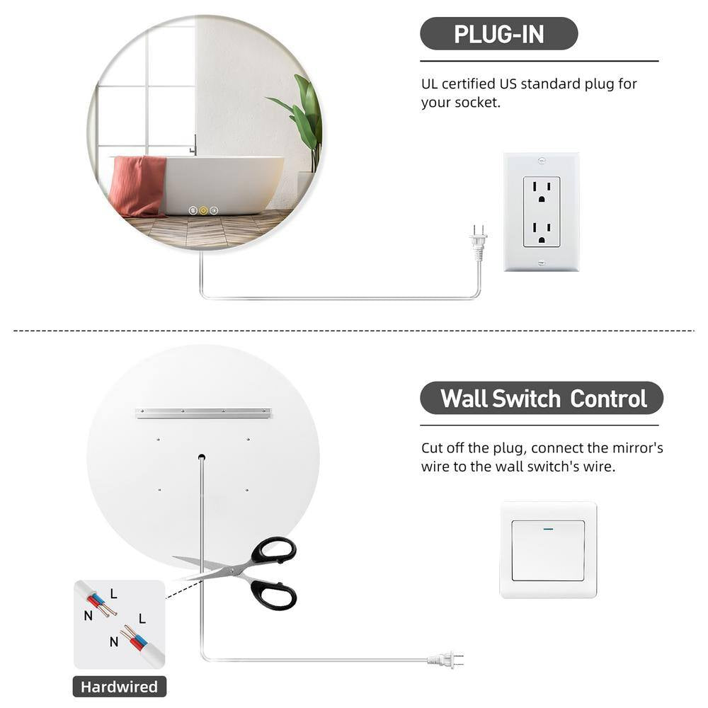 RS 28 In. W X 28 In. H round Beveled Edge 3 Colors Dimmable LED Anti-Fog Memory Wall Mount Bathroom Vanity Mirror