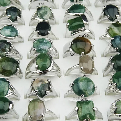 Vintage Hot Selling Mix Style 10pcs Natural Green Stones Tourmaline Fashion Silver Rings for Womens Mens Wholesale Jewelry Lots