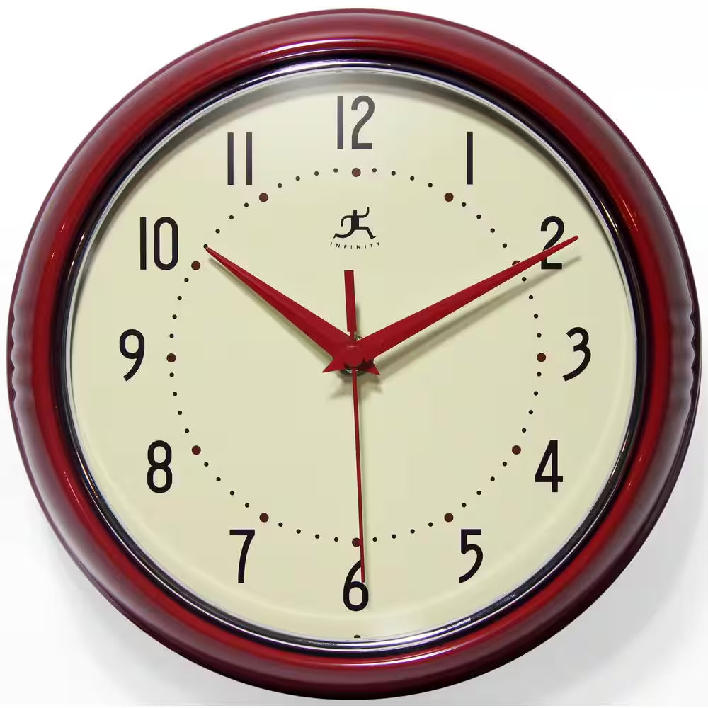 9-1/2 In. Red Retro round Metal Wall Clock