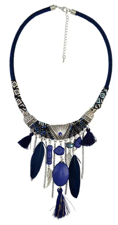 Bohemian Fashion Silver Plated Leather Chain Resin Beads Natrual Stone Feather Tassel Necklace Jewelry